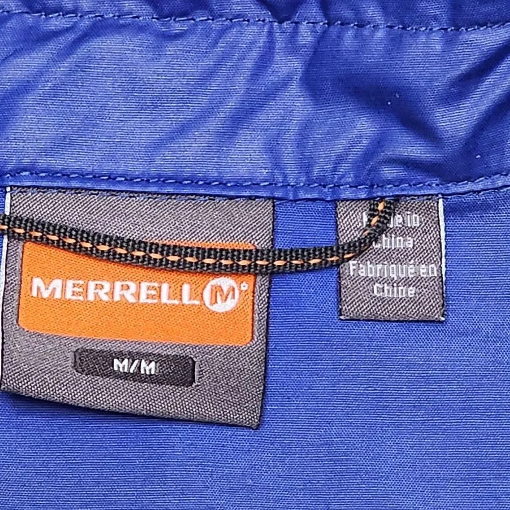 Merrell Womens M Rain Jacket Blue‎ Lightweight Button Zip Pockets Cinch Waist